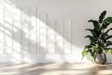 Poster - Minimalist white cube wall design with a potted plant in a clean corporate environment, White cubes wall Clean corporate background Seamless 3D render