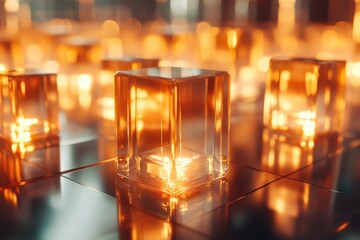 Poster - Reflective glowing cubes create mesmerizing patterns in a seamless render design, Reflective and glowing cubes Seamless 3D render with shallow depth of field
