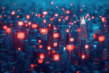 Poster - Cities illuminated by social media and notification icons during the evening hours, Social media and notification icons over the cities social network concept High quality
