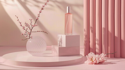 Poster - Perfume bottle stands elegantly among pink blossoms and geometric shapes creating a modern and stylish still life composition
