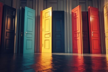 Poster - Unfolding potential through a stylized progression of doors in varied colors and sizes, Stylized 3D sequence of doors, growing in scale, depicting endless possibilities