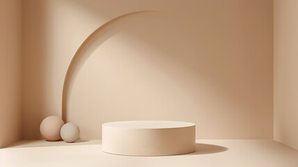 Poster - A minimalist beige scene features a cylindrical podium two spheres and an arch against a neutral backdrop for product display and presentation
