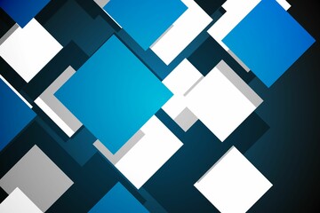 Poster - Flat design blue and white rotated squares are floating on dark gradient backdrop with shadows