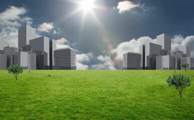 Poster - Vibrant green grass field is showcasing flat design wind turbines, city skyline, sun and lens flare