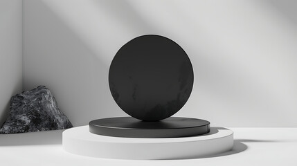 Poster - A minimalist display features a black circle on a black platform with a rock against a white wall