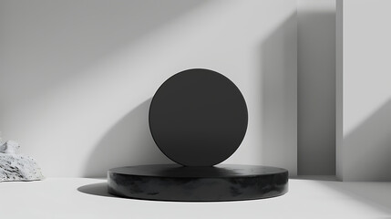Poster - A black circle stands on a textured black podium with a white wall and rock in the background creating a minimalist scene