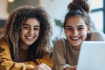 Poster - Cheerful teen girls collaborating in a bright classroom during a school project, Cheerful teen girls working side by side in school art class