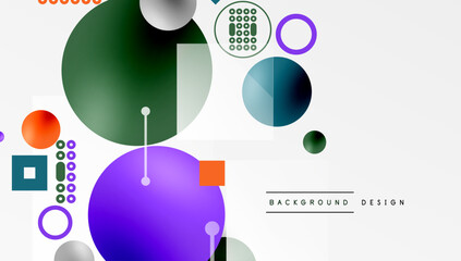 Aufkleber - Abstract geometric shapes overlap, creating vibrant colorful composition. Circles, squares, lines form modern design elements.