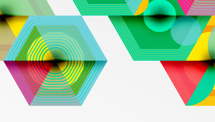 Aufkleber - Abstract geometric design. Colorful hexagons, circles overlap creating optical illusion. Lines suggest movement, depth. Modern, vibrant composition.