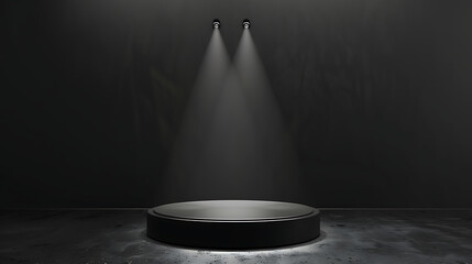 Poster - A black podium stands illuminated by spotlights against a dark background creating a dramatic stage for product display or presentation