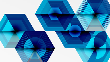 Aufkleber - Abstract geometric composition. Blue shades form hexagonal patterns, circles, triangles. Modern design, clean lines, visual harmony.