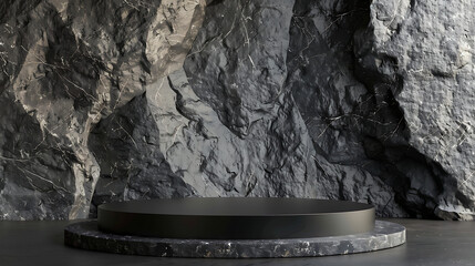 Poster - A dark stone podium stands against a rough rock wall creating a natural and minimalist backdrop for product presentation