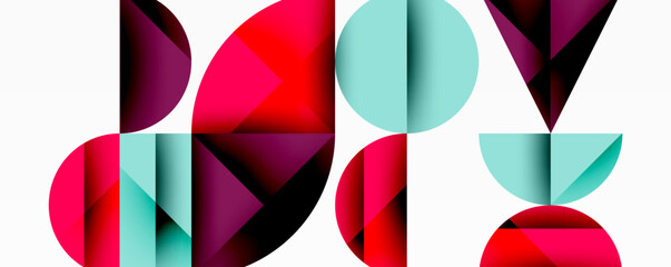 Poster - Abstract geometric composition. Shapes overlap, creating vibrant visual rhythm. Red, teal, maroon dominate design. Minimalist aesthetic.