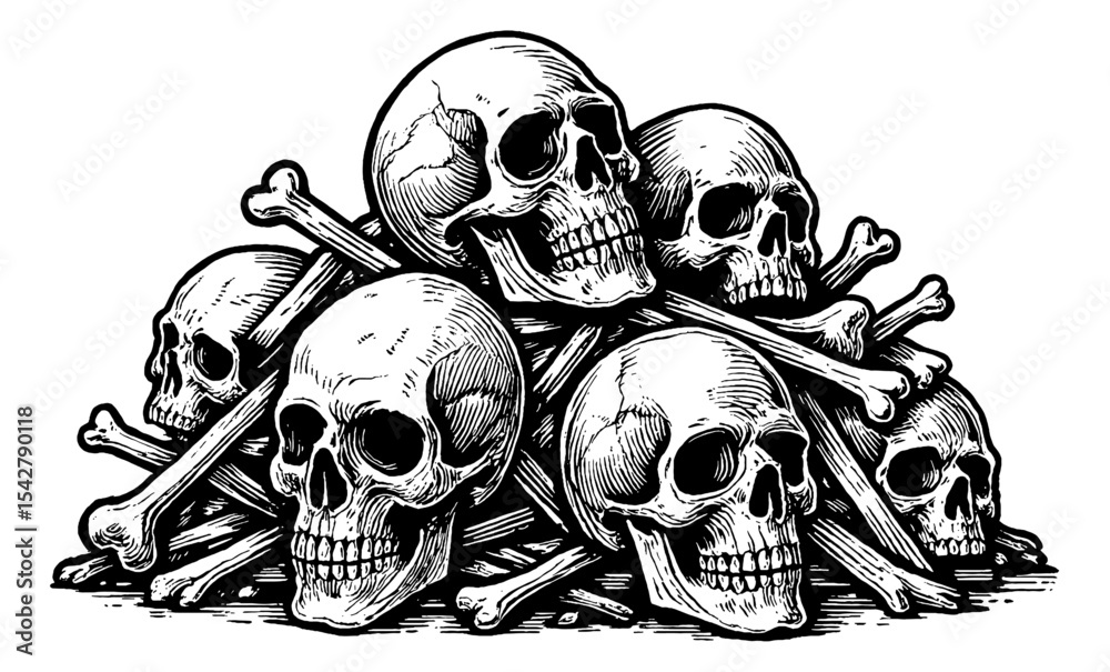 Pile of Skulls and Bones Illustration in Detailed Black and White ...