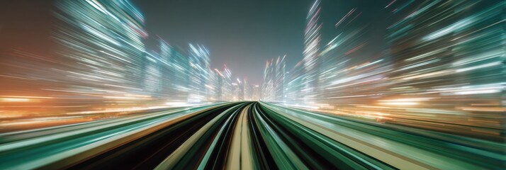 Aufkleber - Futuristic cityscape viewed from hyper loop with motion blur and illuminated skyscrapers, symbolizing next-generation connectivity and fintech innovation