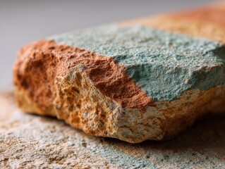 Aufkleber - Close-up of textured multicolored sandstone rock fragment showcasing natural mineral layers and earthy tones for geology and materials study