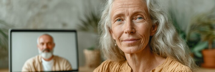 Poster - Senior Woman Engaged in Telehealth Video Consultation with Doctor on Laptop, Comfortable Home Setting with Plants, Promoting Remote Medical Care and Aging-in-Place Support