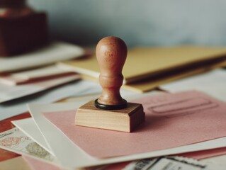 Poster - Wooden Tariff Stamp on Official Documents with Paperwork Stack under Soft Natural Light - Bureaucratic Compliance and Administrative Process Imagery