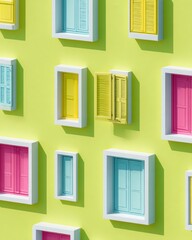 Poster - Vibrant Retro-Digital Isometric Windows Wall with Bold Color Palette and Geometric Shadows for Modern Interior Design and Visual Pattern Inspiration