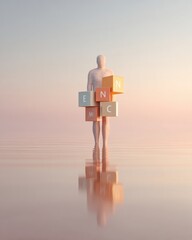 Poster - Minimalist Wellness Concept with Human Silhouette and Mineral Element Blocks in Serene Dawn Light for Healthcare and Nutritional Branding