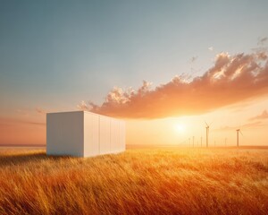 Poster - solar inverter battery energy storage in open grass field with wind turbines at golden hour sunset -