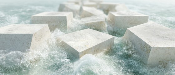 Poster - Modern Shoreline Defense with Geometric Concrete Tetrapods in Turbulent Ocean Waves for Advanced Coastal Erosion Prevention and Engineering Innovation