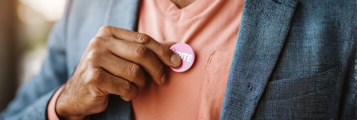 Poster - Young Man Attaching Voted Sticker on Suit Jacket for Civic Engagement Campaigns - Symbol of Democratic Pride and Electoral Responsibility in Modern Social Context
