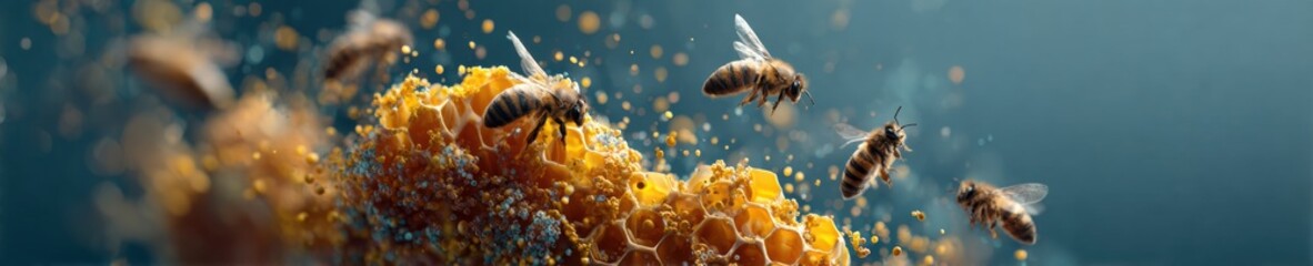 Poster - Save Bees Campaign Graphic with Honeycomb Texture and Floating Honey Elements for Global Ecological Awareness and Pollinator Conservation Trend