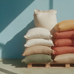 Poster - Organized Sandbags Stacked on Wooden Pallets in Industrial Warehouse for Efficient Emergency Supply Chain and Disaster Preparedness Logistics