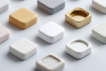 Poster - Modern minimalist collection of rounded square blocks in natural stone and matte textures with neutral tones for contemporary interior design and architectural visualization