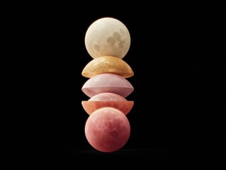 Poster - Vertical Alignment of Moon Phases Showing Lunar Eclipse Progression on Black Background for Astronomical Education and Cosmic Time Symbolism