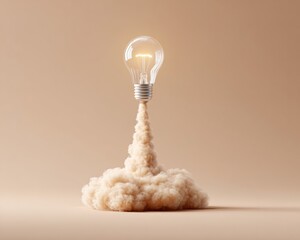Poster - Liftoff Glowing Light Bulb with Vapor Rocket Trail on Gradient Background Symbolizing Creative Innovation and Breakthrough Ideas for Business Campaigns