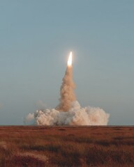 Poster - Powerful Rocket Liftoff Captured Against Clear Sky with Expanding Exhaust Plume - Space Exploration Inspiration for Science and Innovation Marketing