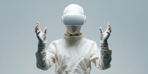 Poster - Futuristic VR Haptic Suit and Gloves with Headset in Minimalist Studio Setting for Immersive Tactile Feedback and Virtual Reality Experiences