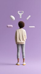 Poster - Modern Menstrual Health Educator Contemplating Period Awareness with Educational Icons on Bright Lavender Background for Wellness Advocacy