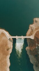 Poster - Moody Aerial View of Hydroelectric Dam and Flood Barrier with Controlled Water Discharge in Minimalist Industrial Water Management Infrastructure