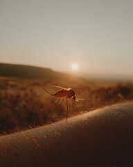 Poster - Mosquito on Human Skin at Golden Hour Showing Irritation and Blood Extraction for Health Awareness and Disease Prevention Campaigns