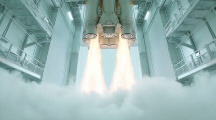 Poster - Powerful Rocket Engine Ignition with Intense Thrust Flames and Industrial Launch Structures in High-Tech Aerospace Engineering Context