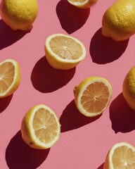 Poster - Vibrant Patterned Lemons with Deep Shadows on Bright Pink Background for Modern Lifestyle and Fresh Food Marketing Concepts
