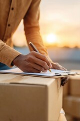 Poster - Modern E-commerce Delivery Hands Signing Customs Paperwork on Clipboard with Cardboard Boxes in Warm Warehouse Lighting for Supply Chain Accuracy