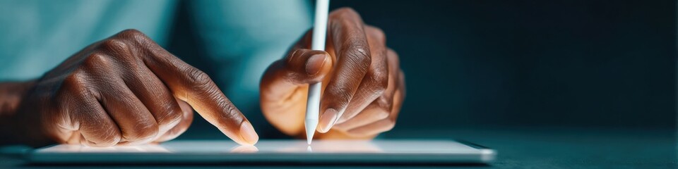 Poster - Dramatic moody biometric login with stylus pen on virtual fingerprint scanner for modern business security and professional identity authentication