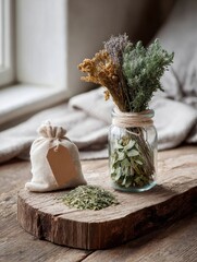 Poster - Sustainable Lifestyle Still Life with Dried Herbs in Glass Jar and Compostable Bag on Reclaimed Wood Top with Soft Natural Light