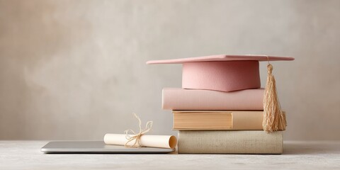 Poster - Modern Distance Learning Concept with Graduation Cap, Books, Diploma Scroll, and Laptop on Neutral Workspace for Academic Success