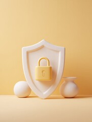 Poster - Minimalist Cybersecurity Shield Icon with Padlock in Soft Monochrome Palette Representing Digital Protection and Data Privacy in Modern Tech Branding