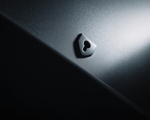 Poster - Dramatic Metallic Password Shield with Keyhole Symbol in High-Contrast Chiaroscuro Lighting for Cybersecurity and Digital Protection Marketing