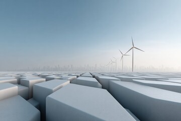 Poster - Futuristic Renewable Energy Cityscape with Solar Panels and Wind Turbines in Monochrome Calm Architectural Style for Sustainable Tech Marketing