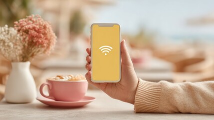 Aufkleber - Ethereal Warm Golden Hour Smartphone Hotspot in Coffee Shop with WiFi Symbol, Promoting Social Connectivity and Remote Work in Hospitality Spaces