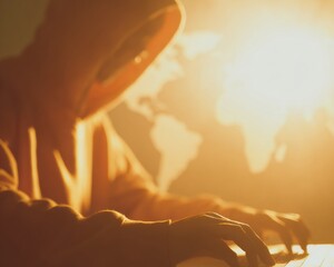 Poster - Warm Golden Hour Cybersecurity Concept with Hooded Ransomware Defender and Global Digital Threat Map in Luxurious Amber and Bronze Tones