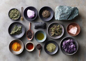 Poster - Natural Herbal Ingredients and Minerals in Ceramic Dishes for Gourmet Cooking and Holistic Wellness - Raw Earthy Aesthetic with Organic Textures