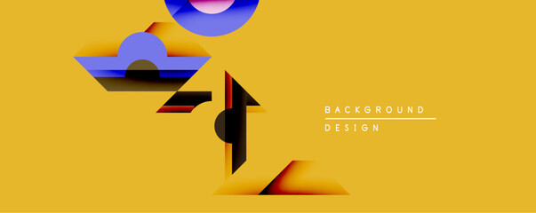 Fototapete - Abstract geometric shapes overlap golden background. Blue, purple, black, red gradients create dynamic composition. Minimalist design suggests modern aesthetic, clean lines.